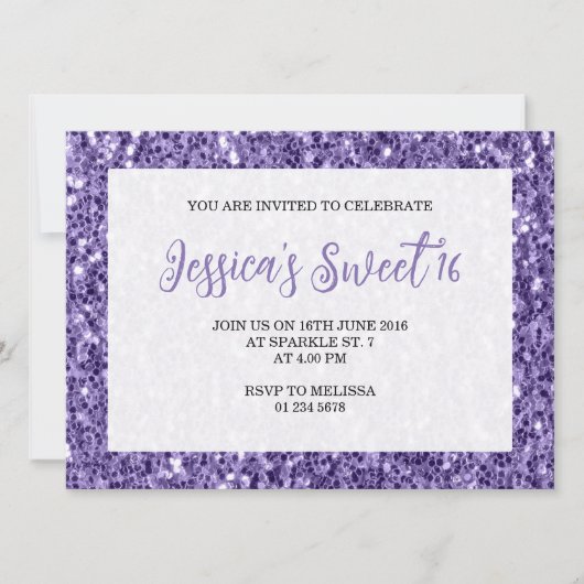 Violet paarse sparkles Sweet 16 elegant script Kaart (Voorkant)