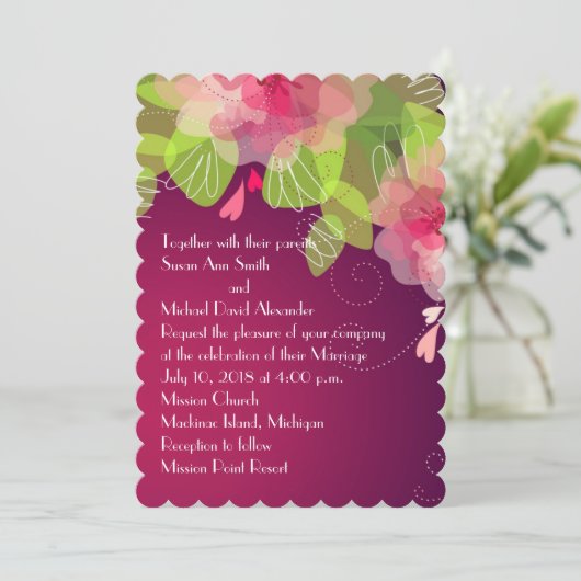 Violet Paarse Transparant Bloemen Bruiloft Uitnodi Kaart (Staand voorkant)