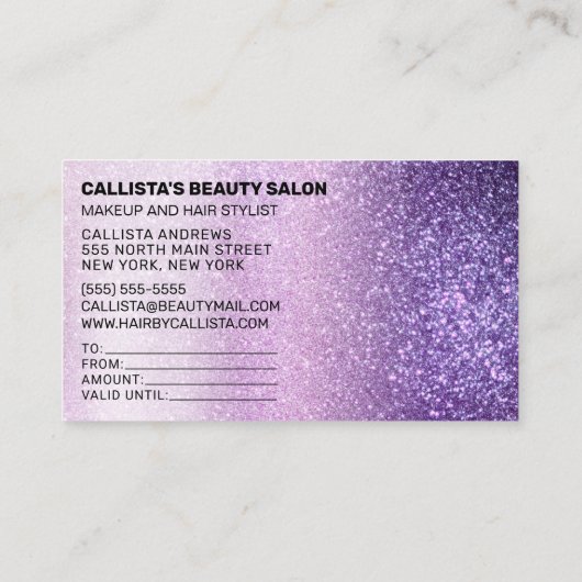 Violet Paarse Triple Glitter Cadeaubon Visitekaartje (Achterkant)