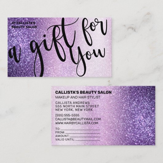 Violet Paarse Triple Glitter Cadeaubon Visitekaartje (Voorkant / Achterkant)