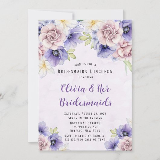 Violet Paarse Waterverf Floral Bridesmaids Lunch Kaart (Voorkant)