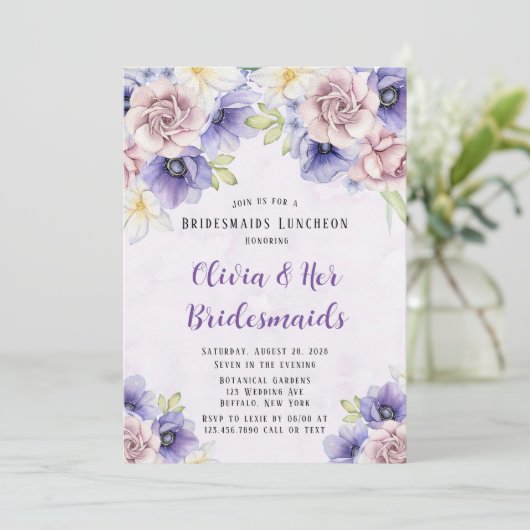 Violet Paarse Waterverf Floral Bridesmaids Lunch Kaart (Staand voorkant)