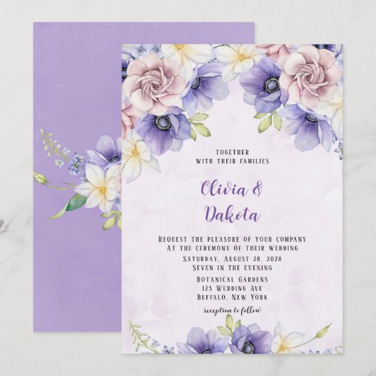 Violet Paarse Waterverf Floral Chic Peony Wedding Kaart (Voorkant / Achterkant)