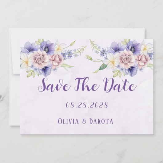 Violet Paarse Waterverf Floral sla de datumkaart o Kaart (Voorkant)