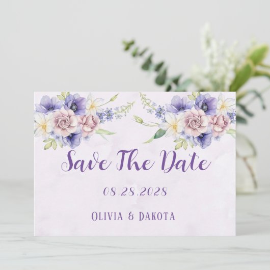 Violet Paarse Waterverf Floral sla de datumkaart o Kaart (Staand voorkant)
