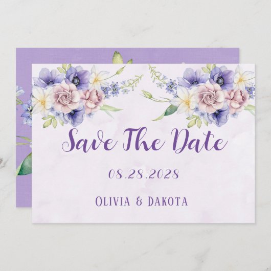 Violet Paarse Waterverf Floral sla de datumkaart o Kaart (Voorkant / Achterkant)