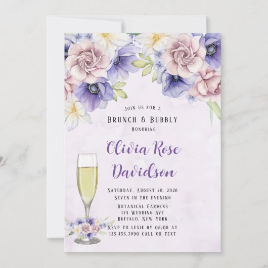 Violet Paarse Waterverf Florals Brunch en Bubble Kaart (Voorkant)