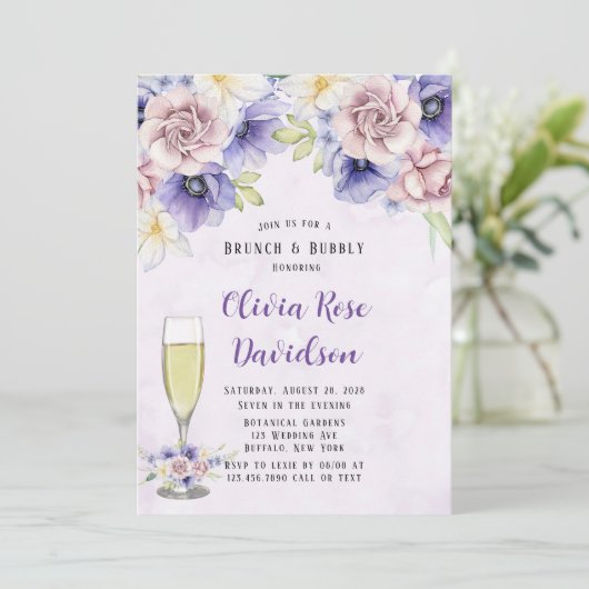 Violet Paarse Waterverf Florals Brunch en Bubble Kaart (Staand voorkant)