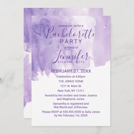 Violet Paarse Waterverf Splash Bachelorette Party Kaart (Voorkant / Achterkant)