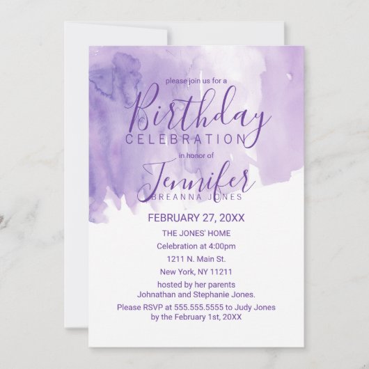 Violet Paarse Waterverf Splash Verjaardagsfeest Kaart (Voorkant)