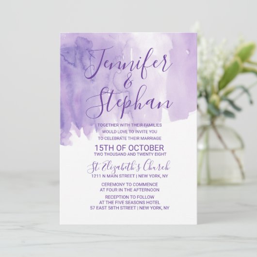 Violet Paarse Waterverf Splash Wedding Kaart (Staand voorkant)