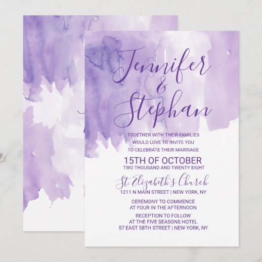 Violet Paarse Waterverf Splash Wedding Kaart (Voorkant / Achterkant)