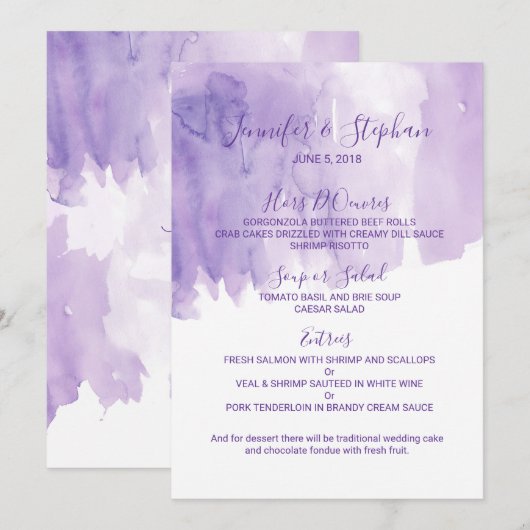 Violet Paarse Waterverf Splash Wedding Menu (Voorkant / Achterkant)