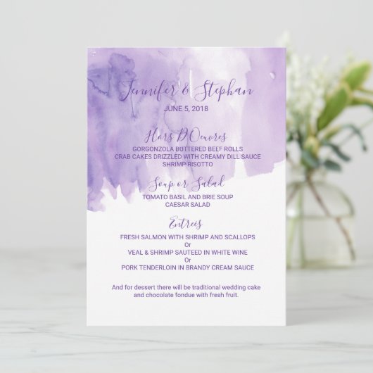 Violet Paarse Waterverf Splash Wedding Menu (Staand voorkant)
