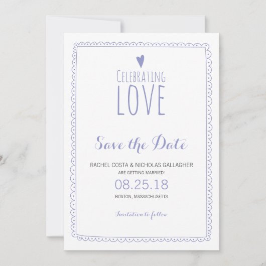 Violet Paarse Whimsical Doodle Lijst Save the Date Kaart (Voorkant)