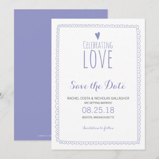 Violet Paarse Whimsical Doodle Lijst Save the Date Kaart (Voorkant / Achterkant)