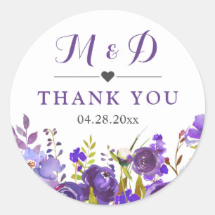 Violet Paarse Wild Flowers Monogram Weddenschap Ronde Sticker