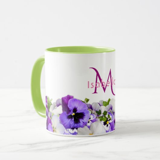 Violet pantserbloemen witte monogram mok (Voorkant links)