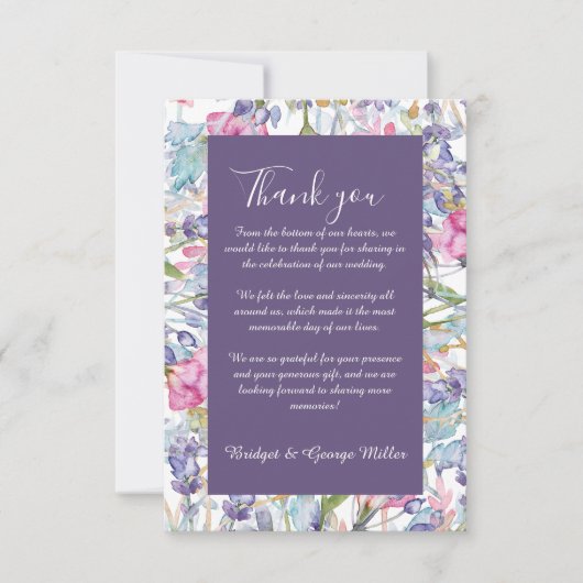 Violet pastel wildflower groen bruiloft bedankkaart (Voorkant)