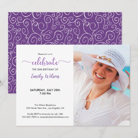 Violet Pattern 30th Birthday Photo Invitation Kaart (Voorkant / Achterkant)