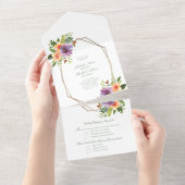 Violet Peach Floral Waterverf Achtkantige bruiloft All In One Uitnodiging (Afscheurbaar)