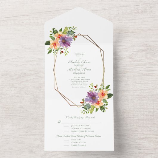 Violet Peach Floral Waterverf Achtkantige bruiloft All In One Uitnodiging (Binnen)
