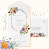 Violet Peach Floral Waterverf Achtkantige bruiloft All In One Uitnodiging