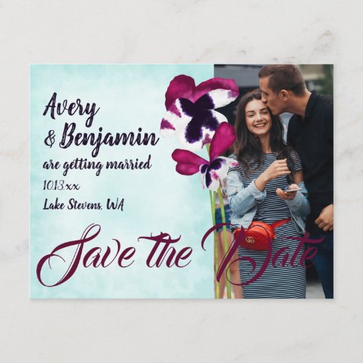 Violet Pink Aqua Turquoise Pansies Opslaan Datum Advieskaart (Voorkant)