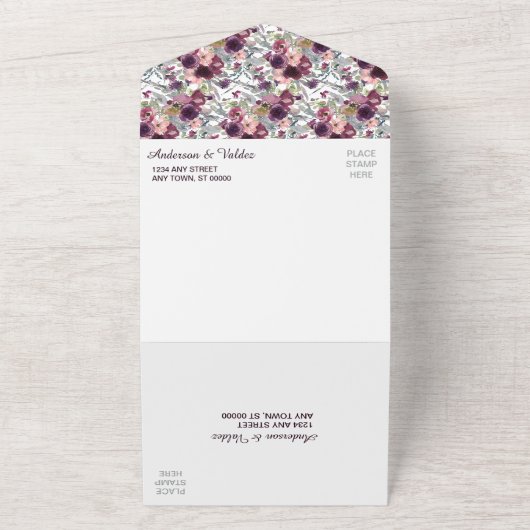 Violet Pink Blue Floral Gold Lijst Wedding All In One Uitnodiging (Buitenkant)