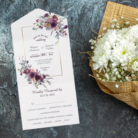 Violet Pink Blue Floral Gold Lijst Wedding All In One Uitnodiging