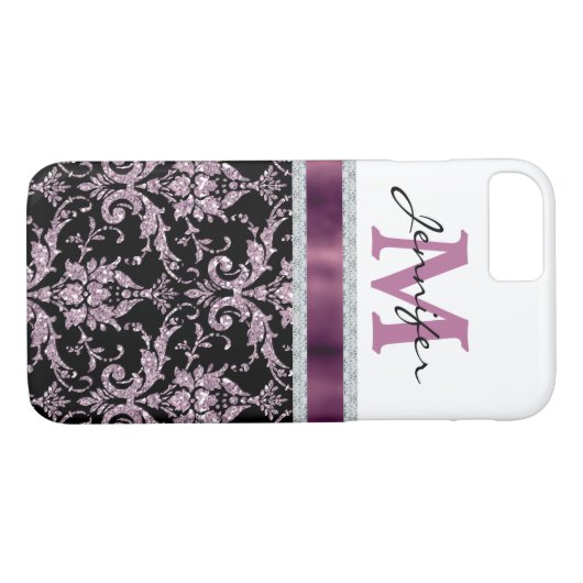 Violet Pink Damask Faux Diamond Monogram Case-Mate iPhone Case (Achterkant (Horizontaal))