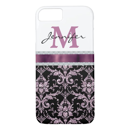 Violet Pink Damask Faux Diamond Monogram Case-Mate iPhone Case (Achterkant)