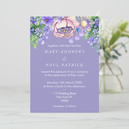 Violet pink lilac ivory gold wildflowers Wedding  Kaart (Staand voorkant)