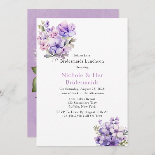 Violet pioen en Rozen bruidsmeisjes lunch Kaart (Voorkant / Achterkant)