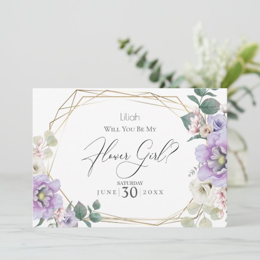 Violet Pioen Rozen Wil jij mijn bloemenmeisje zij Kaart (Staand voorkant)