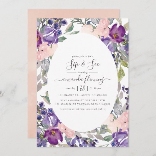 Violet, Plum en Blush Bloemen Sip en See Kaart (Voorkant / Achterkant)