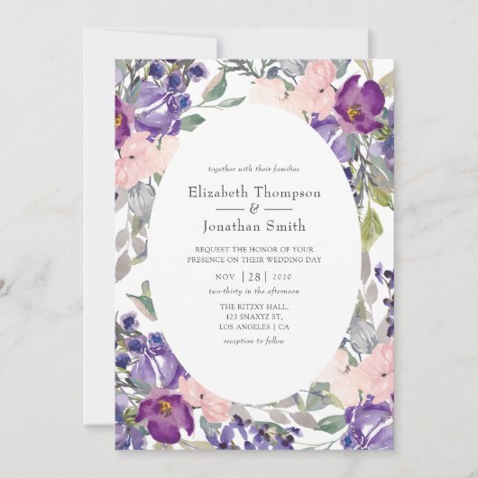 Violet, plum en Blush Floral Wedding Kaart (Voorkant)