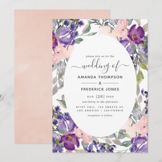 Violet, plum en Blush Floral Wedding Kaart (Voorkant / Achterkant)