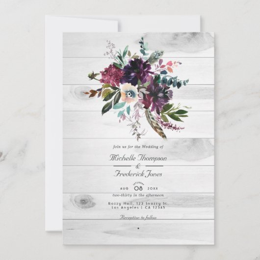 Violet Plum Floral Rustic QR Code Bohemian Wedding Kaart (Voorkant)
