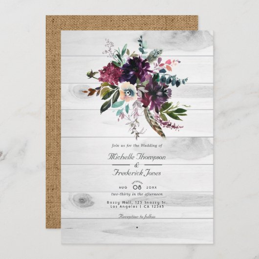 Violet Plum Floral Rustic QR Code Bohemian Wedding Kaart (Voorkant / Achterkant)