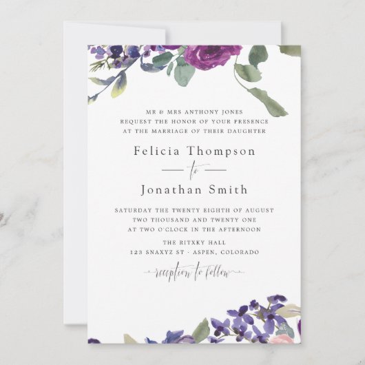 Violet-Plum Floral Wedding-uitnodiging Kaart (Voorkant)