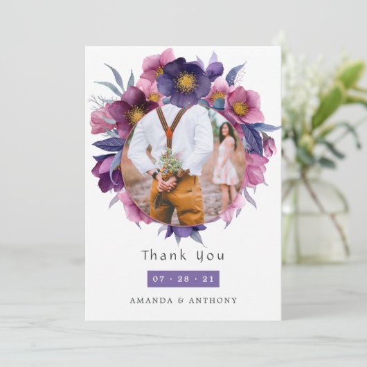 Violet Plum Waterverf Bloemen Bruiloft Collage Bedankkaart (Staand voorkant)