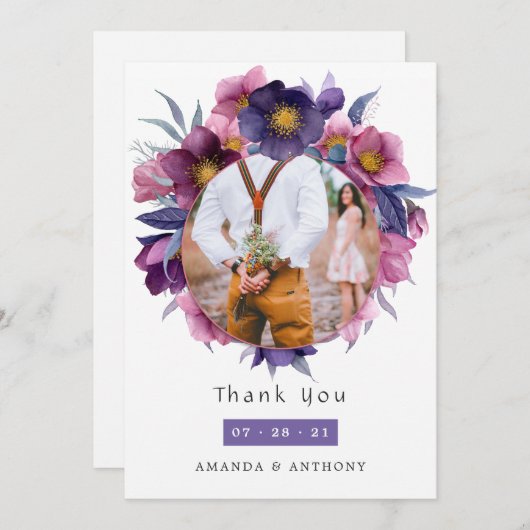 Violet Plum Waterverf Bloemen Bruiloft Collage Bedankkaart (Voorkant / Achterkant)
