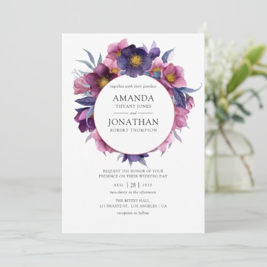 Violet Plum Waterverf Bloemenbruiloft Kaart (Staand voorkant)