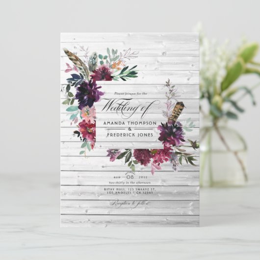 Violet Plum Waterverf Floral Bohemian Wedding Kaart (Staand voorkant)
