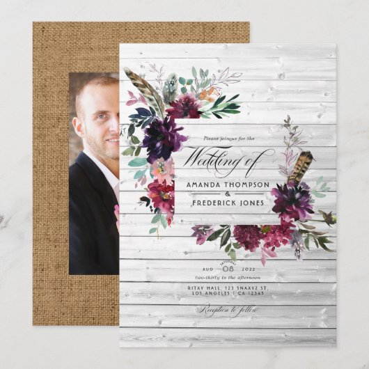 Violet Plum Waterverf Floral Bohemian Wedding Kaart (Voorkant / Achterkant)