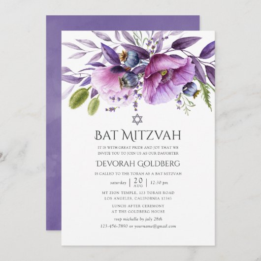 Violet Poppy Floral Bat Mitzvah Kaart (Voorkant / Achterkant)