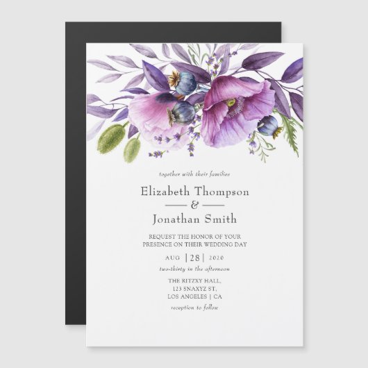 Violet Poppy Floral Wedding Magnetische Uitnodiging (Voorkant / Achterkant)