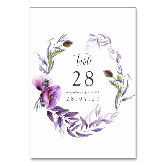 Violet Poppy Floral Wedding Table Number Kaart (Voorkant)