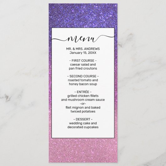 Violet Princess Blush Pink Triple Glitter Ombre Menu (Voorkant)